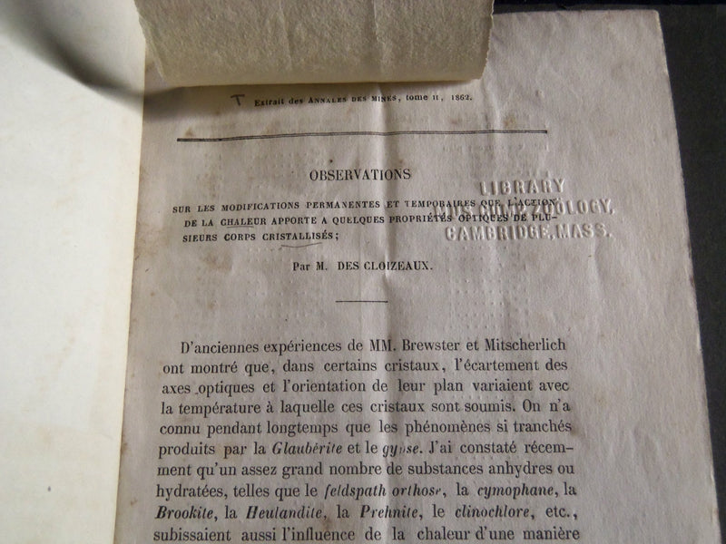 1862 M. DES CLOIZEAUX OBSERVATIONS - FRENCH - PROPROETES OPTIQUES - J 5169