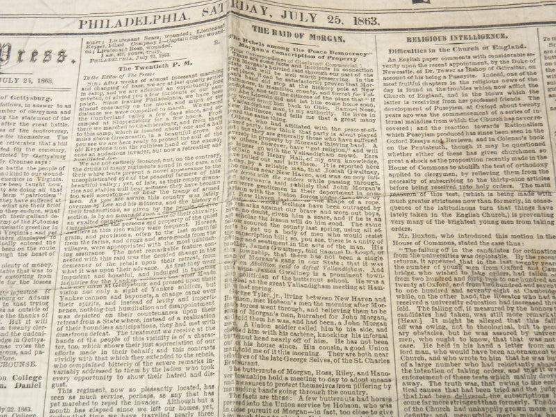 1863 JULY 25 THE PHILADELPHIA PRESS NEWSPAPER - THE RAID OF MORGAN - NP 9002