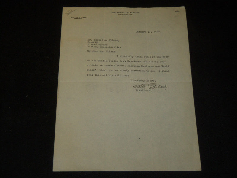 1923 WALTER E. CLARK SIGNED TYPED LETTER TO EDWARD FILENE - J 5371