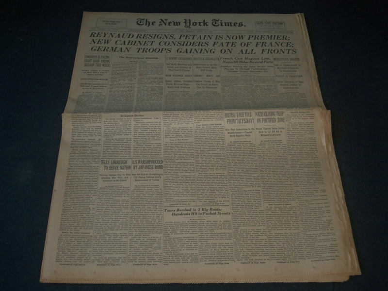 1940 JUNE 17 NEW YORK TIMES - REYNAUD RESIGNS PETAIN IS NOW PREMIER- NP 3612