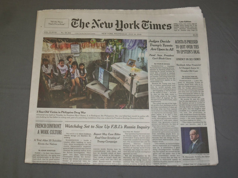 2019 JULY 10 NEW YORK TIMES - ACOSTA PRESSED TO QUIT OVER TIES TO EPSTEIN'S DEAL