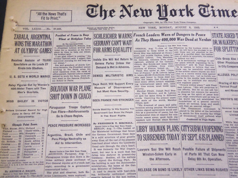 1932 AUGUST 8 NEW YORK TIMES - ZABALA WINS MARATHON AT OLYMPIC GAMES - NT 4804