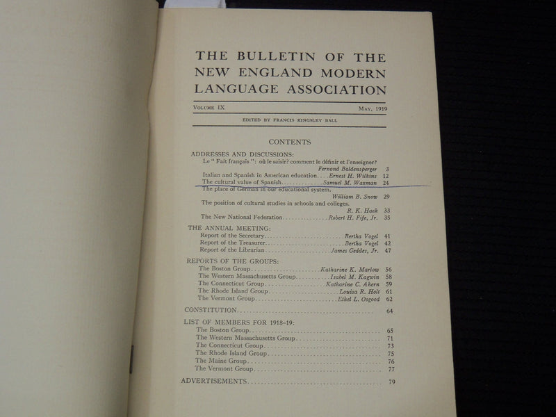 1919 MAY NEW ENGLAND MODERN LANGUAGE ASSOCIATION BULLETIN - SAM WAXMAN - K 2681