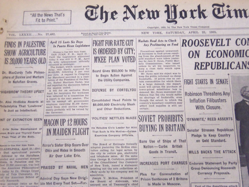 1933 APRIL 22 NEW YORK TIMES - FINDS IN PALESTINE SHOW AGRICULTURE - NT 5236