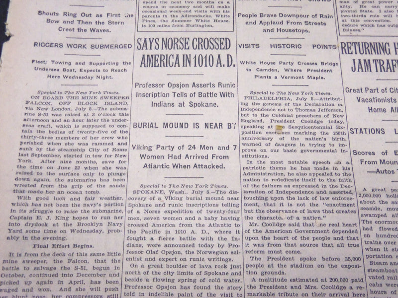1926 JULY 6 NEW YORK TIMES - SAYS NORSE CROSSED AMERICA IN 1010 A. D. - NT 5093