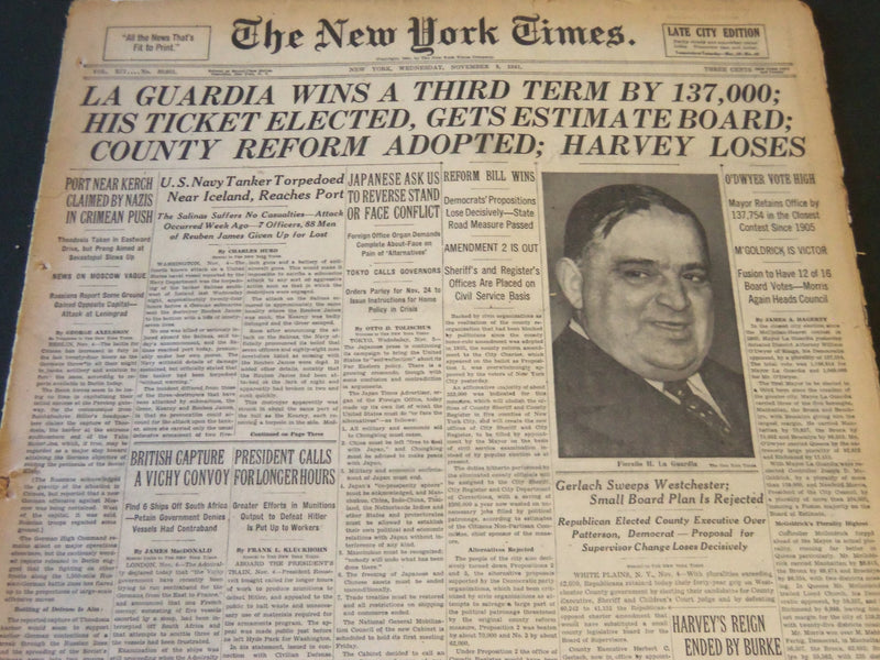 1941 NOV 5 NEW YORK TIMES - LA GUARDIA WINS A THIRD TERM BY 137,000 - NT 6314