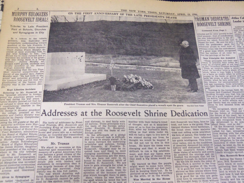 1946 APRIL 13 NEW YORK TIMES - TRUMAN DEDICATES ROOSEVELT SHRINE - NT 3470