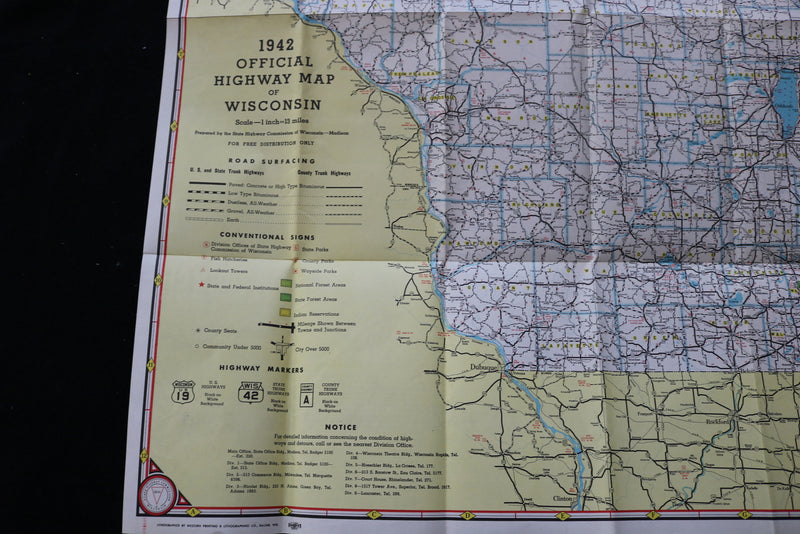 1942 WISCONSIN OFFICIAL HIGHWAY MAP - K 1984