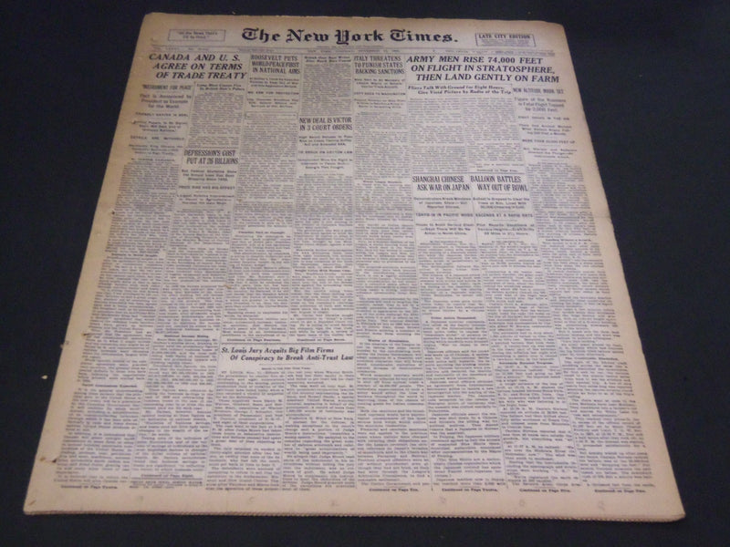 1935 NOV 12 NEW YORK TIMES - ARMY MEN RISE 74,000 FEET IN STRATOSPHERE - NT 4865