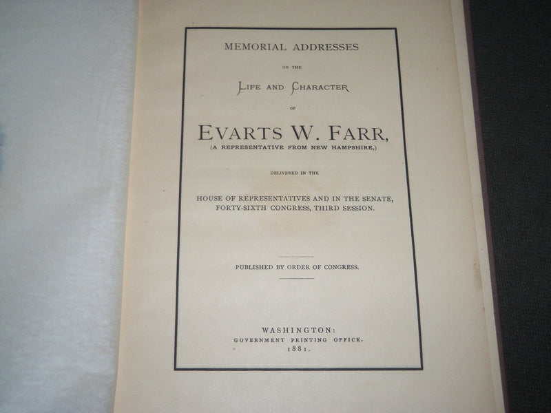 1881 EVARTS W. FARR MEMORIAL ADDRESS LIFE & CHARACTER BOOK - KD 4748
