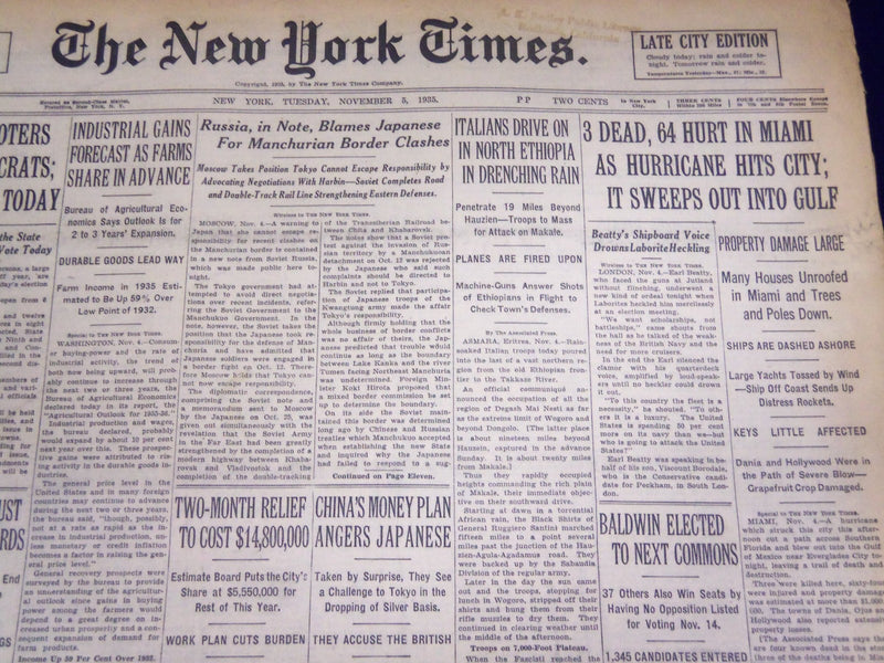 1935 NOVEMBER 5 NEW YORK TIMES - MIAMI HURRICANE 3 DEAD - NT 3798