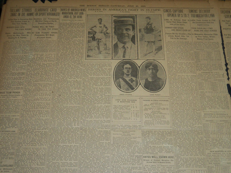 1908 JULY 25 THE BOSTON HERALD - HAYES OF AMERICA WINS MARATHON - BH 323