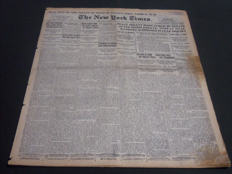 1919 JUNE 10 NEW YORK TIMES NEWSPAPER - PEACE TREATY MADE PUBLIC - NT 6657