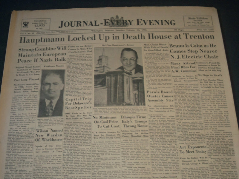 1935 FEBRUARY 16 WILMINGTON JOURNAL NEWSPAPER - HAUPTMANN LOCKED UP - NT 7290