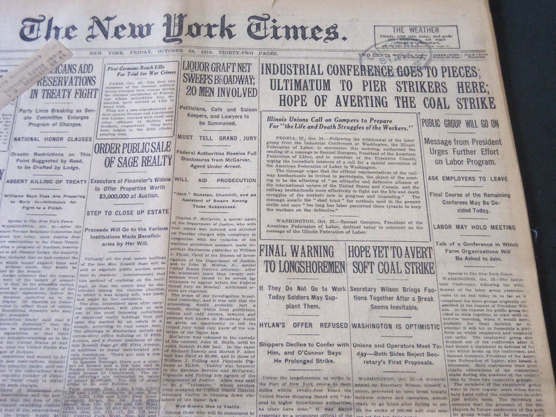 1919 OCTOBER 24 NEW YORK TIMES - INDUSTRIAL CONFERENCE GOES TO PIECES - NT 6192