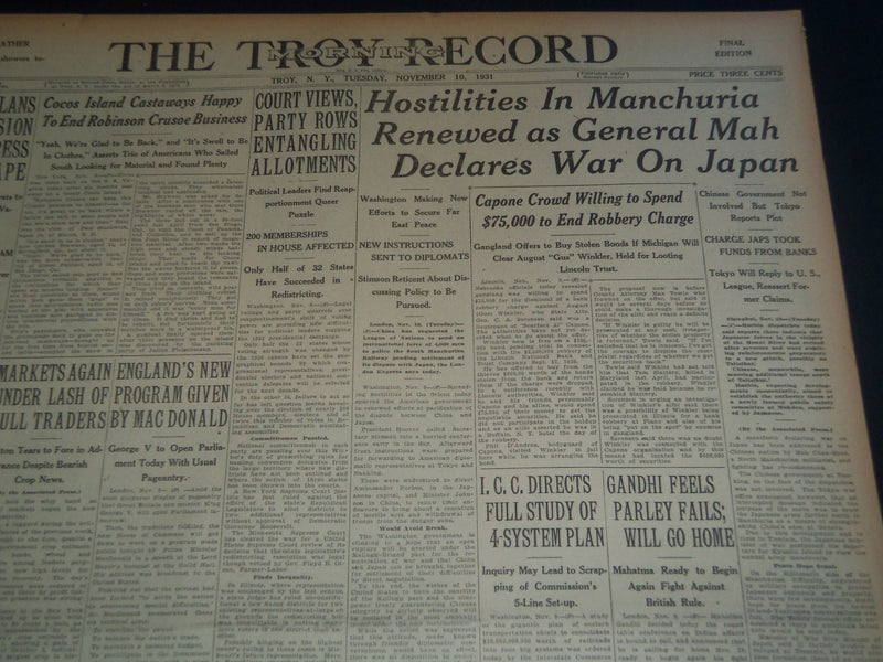 1931 NOVEMBER 10 TROY MORNING RECORD - HOSTILITIES IN MANCHURIA RENEWED- NT 7485
