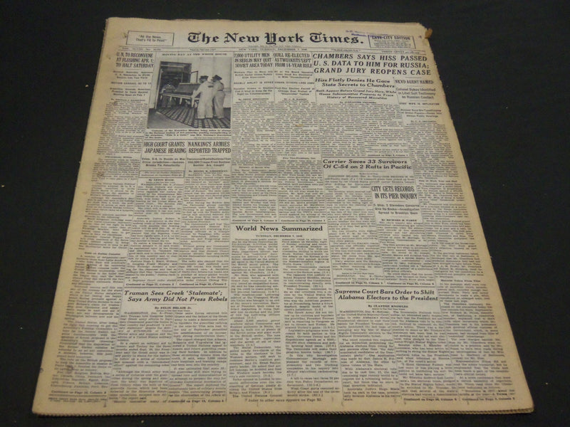 1948 DECEMBER 7 NEW YORK TIMES - CHAMBERS SAYS HISS PASSED U. S. DATA - NT 4411