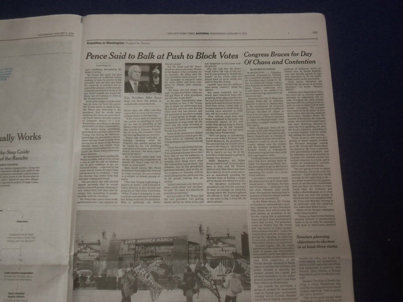 2021 JANUARY 6 NEW YORK TIMES - PENCE SAID TO TELL TRUMP VOTES CAN'T BE BLOCKED