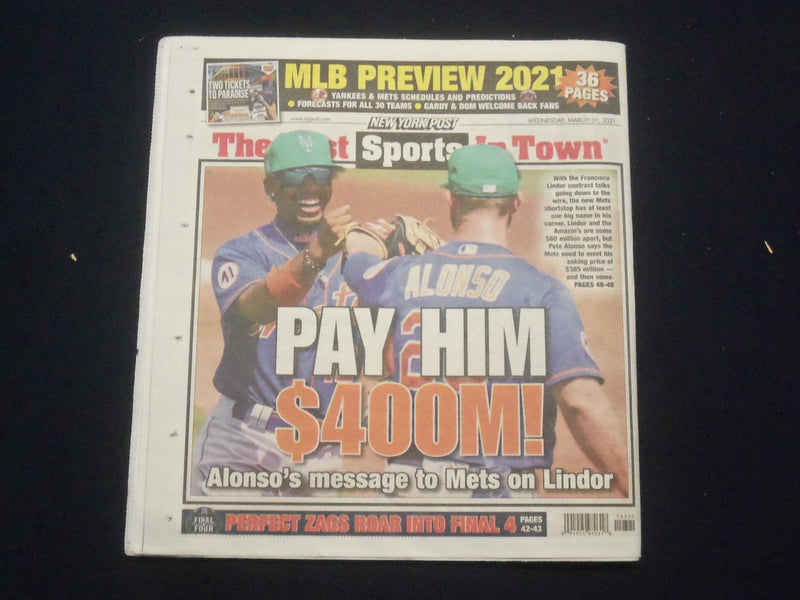 2021 MARCH 31 NEW YORK POST NEWSPAPER - BASEBALL PREVIEW SECTION - METS- YANKEES