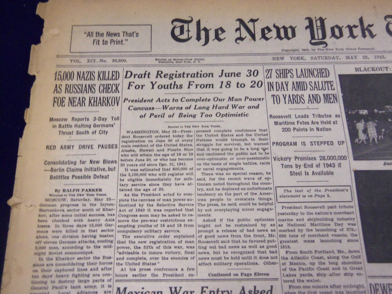 1942 MAY 23 NEW YORK TIMES - 15,000 NAZIS KILLED NEAR KHARKOV - NT 906