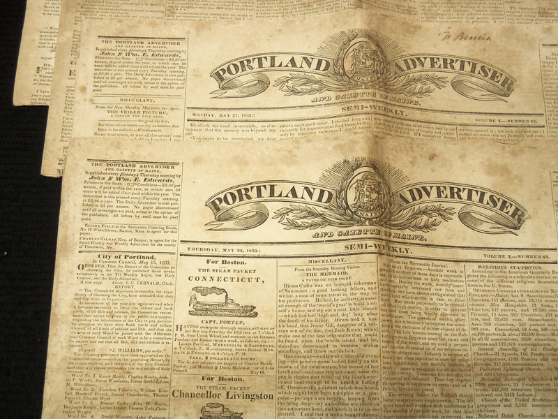1833-1834 PORTLAND ADVERTISER OF MAINE NEWSPAPER LOT OF 9 ISSUES - NP 3297I