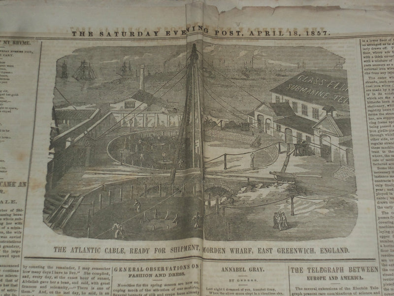 1857 APRIL 18 THE SATURDAY EVENING POST NEWSPAPER - THE ATLANTIC CABLE - NP 5055