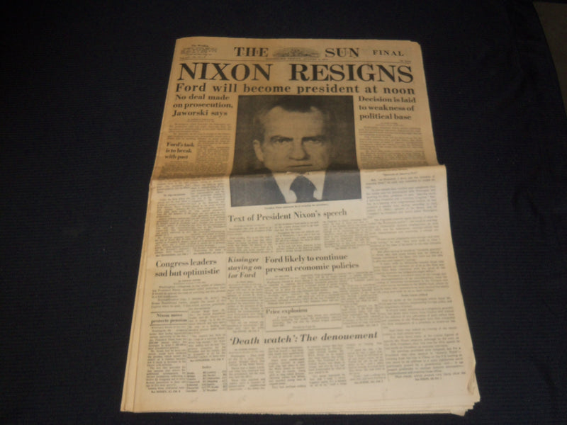 1974 AUGUST 9 THE SUN FINAL NEWSPAPER - NIXON RESIGNS -FORD PRESIDENT - NP 1847Q
