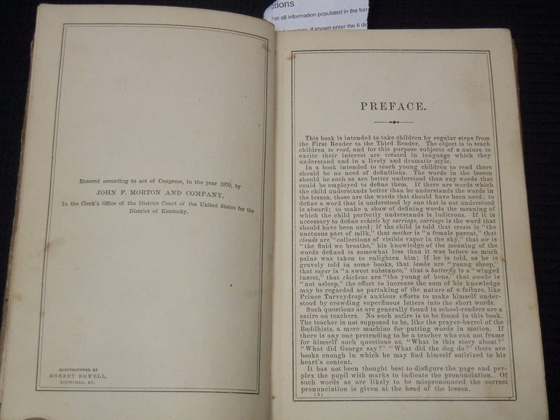 1870 BUTLER'S SECOND SCHOOL READER BOOK BY NOBLE BUTLER - K 2182