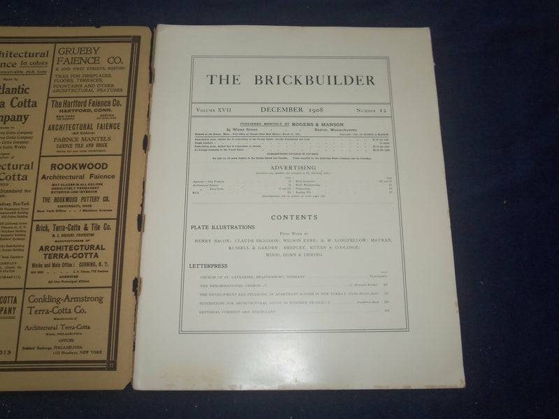 1908 DECEMBER THE BRICKBUILDER MAGAZINE - AN ARCHITECTURAL MONTHLY - ST 258M