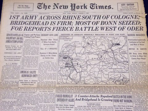 1945 MARCH 9 NEW YORK TIMES - 1ST ARMY ACROSS RHINE SOUTH OF COLOGNE - NT 401