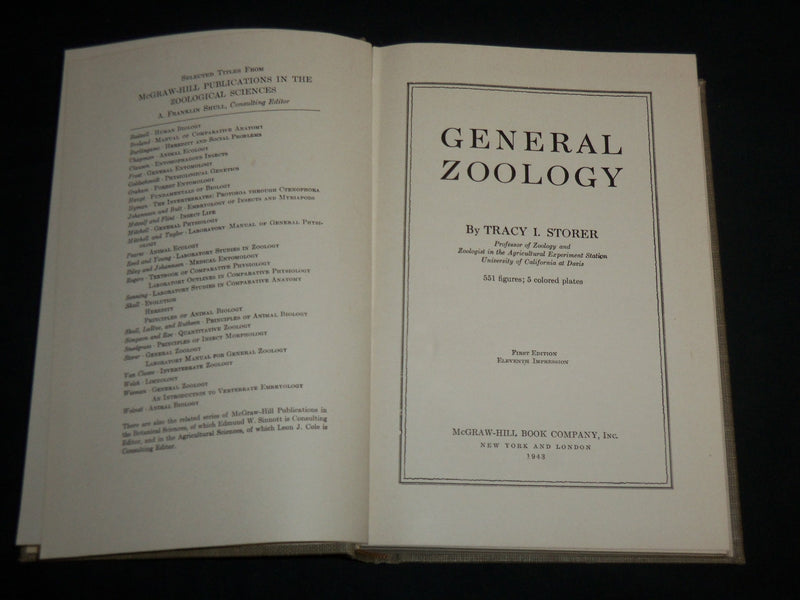 1943 GENERAL ZOOLOGY HARDCOVER BOOK BY TRACY I. STORER - KD 6989