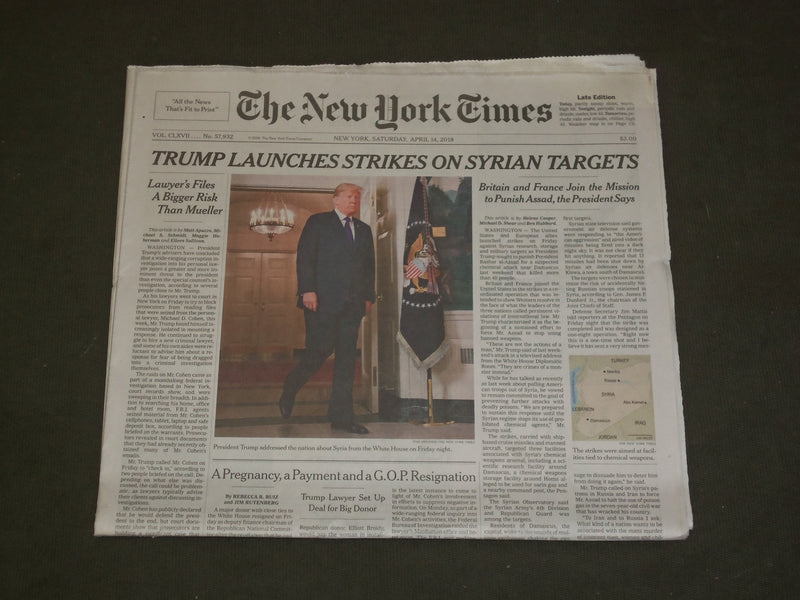 2018 APRIL 14 NEW YORK TIMES - TRUMP LAUNCHES STRIKES ON SYRIAN TARGETS