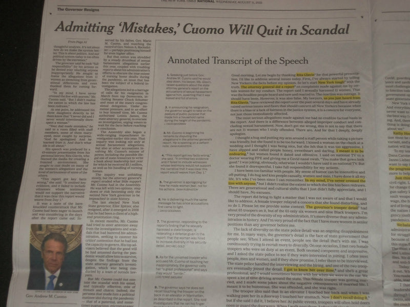 2021 AUGUST 11 NEW YORK TIMES - CUOMO TO QUIT IN HARASSMENT SCANDAL