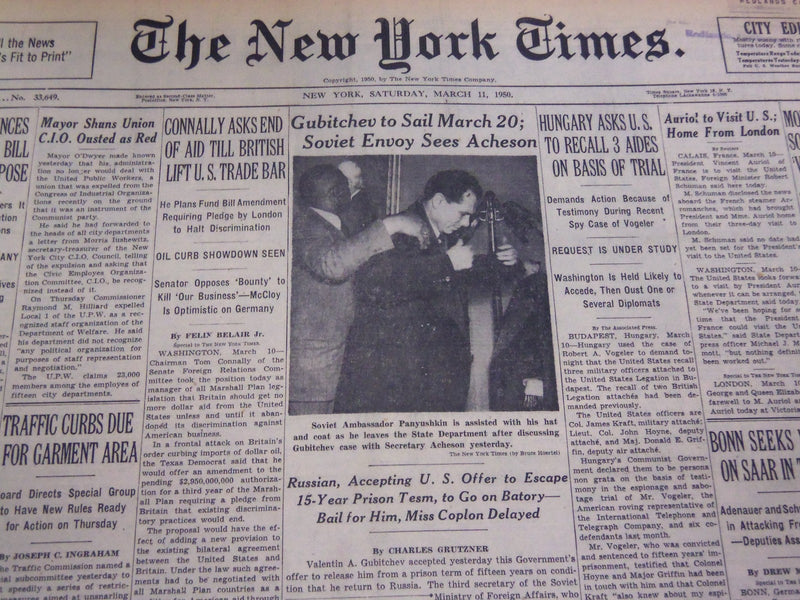1950 MARCH 11 NEW YORK TIMES - GUBITCHEV TO SAIL MARCH 20 - NT 4565