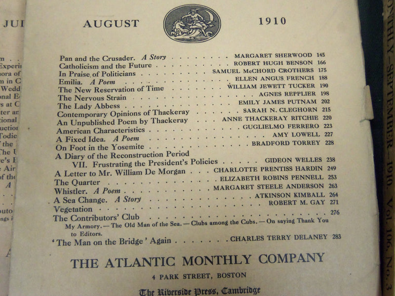 1910 THE ATLANTIC MONTHLY MAGAZINE LOT 10 ISSUES - STORIES & ARTICLES - WR 360A