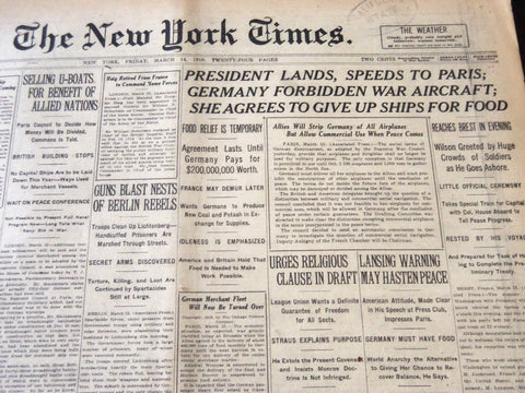 1919 MARCH 14 NEW YORK TIMES - PRESIDENT LANDS SPEEDS TO PARIS - NT 6427