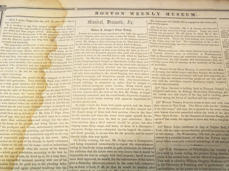 1850 NOVEMBER 23 BOSTON MUSEUM NEWSPAPER - DODGE PRIZE TICKET - LIND - NP 9045