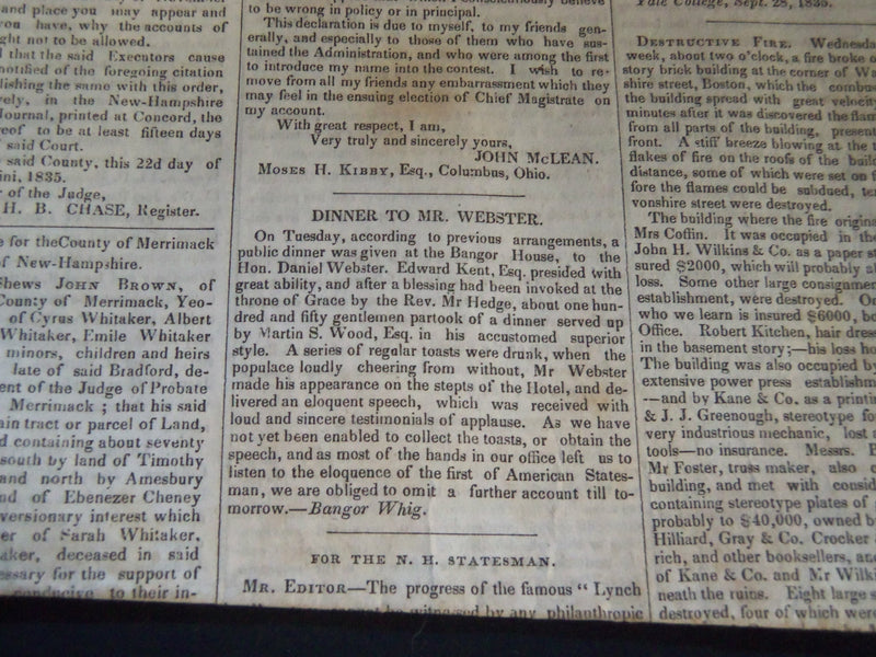 1835 OCT 10 NEW HAMPSHIRE STATESMAN - ADAMS - WEBSTER - SMALL POX - NP 614B