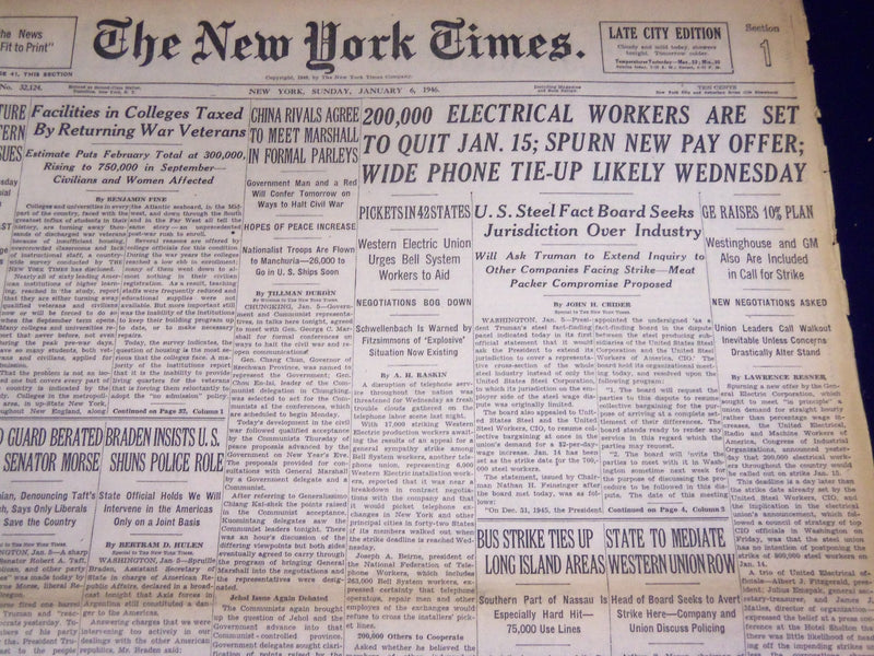 1946 JANUARY 6 NEW YORK TIMES - ELECTRICAL WORKERS SET TO QUIT - NT 3232