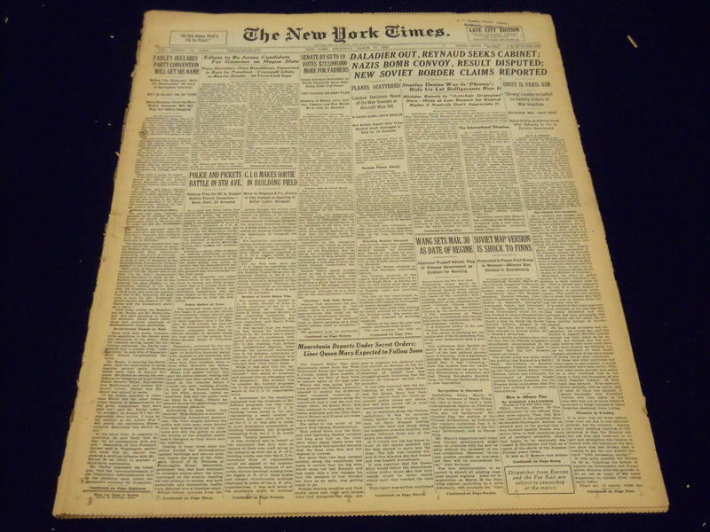 1940 MAR 21 NEW YORK TIMES NEWSPAPER - DALADIER OUT REYNAUD SEEKS CABINET- NT 44