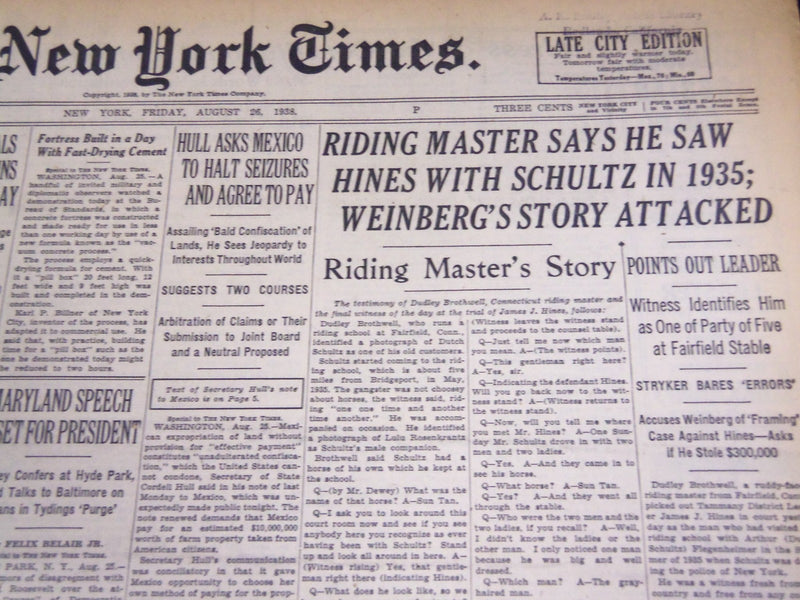 1938 AUG 28 NEW YORK TIMES - RIDING MASTER SAS HE SAW HINES WITH SCHULTZ- NT 702