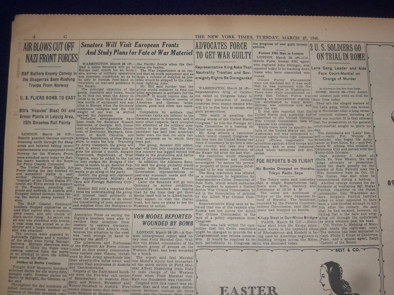 1945 MARCH 27 NEW YORK TIMES - 7 ARMIES SMASH NAZIS IN DEEP THRUSTS - NP 6678