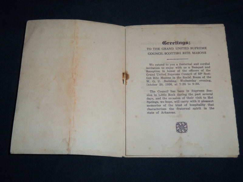 1926 VAPOR CITY CONSISTORY BANQUET PROGRAM - ARKANSAS - J 8515
