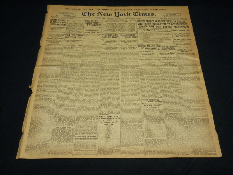 1918 JANUARY 31 NEW YORK TIMES - HINDENBURG WARNS STRIKES IN BERLIN - NT 7928