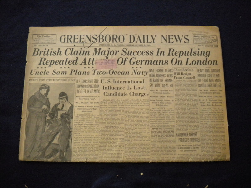 1940 OCT 3 GREENSBORO DAILY NEWS NEWSPAPER -BRITISH CLAIM MAJOR SUCCESS- NP 6029