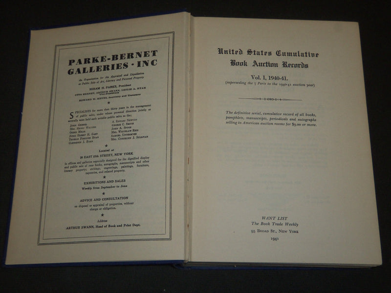 1941 UNITED STATES CUMULATIVE BOOK AUCTION RECORDS - KD 2099K