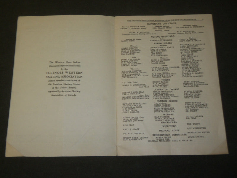 1933 FEBRUARY 18 WESTERN OPEN INDOOR ICE SKATING CHAMPIONSHIPS PROGRAM - J 3572