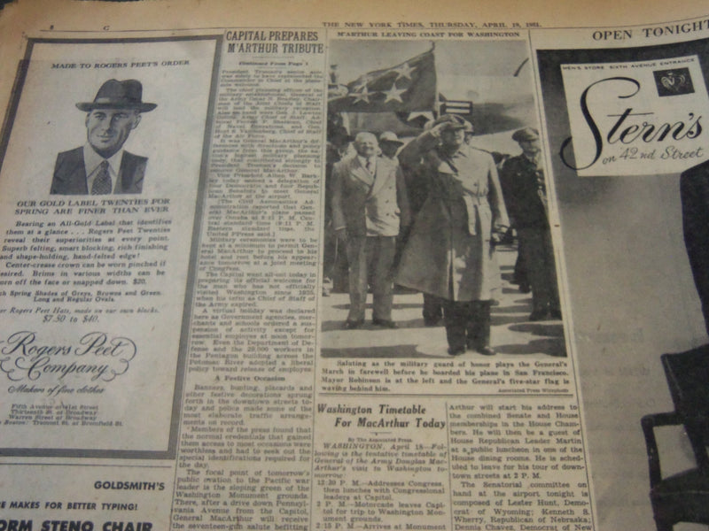 1951 APRIL 19 NEW YORK TIMES - M'ARTHUR BARS A POLITICAL ROLE - NT 5842