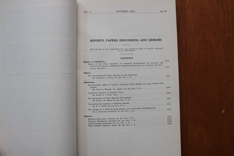 1924 OCTOBER AMERICAN SOCIETY OF CIVIL ENGINEERS PROCEEDINGS- SOFTCOVER - K 3244