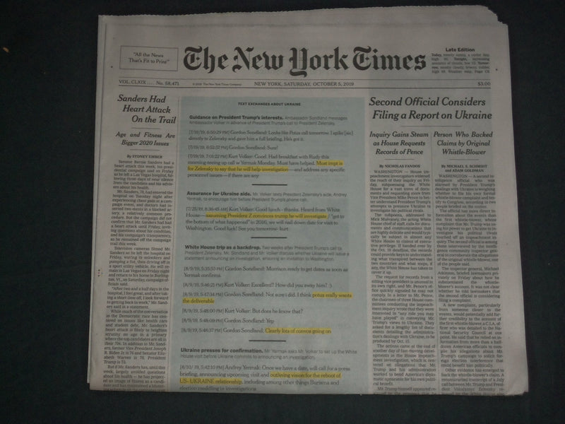2019 OCT 5 NY TIMES-2ND OFFICIAL MAY FILE REPORT ON UKRAINE-SANDERS HEART ATTACK